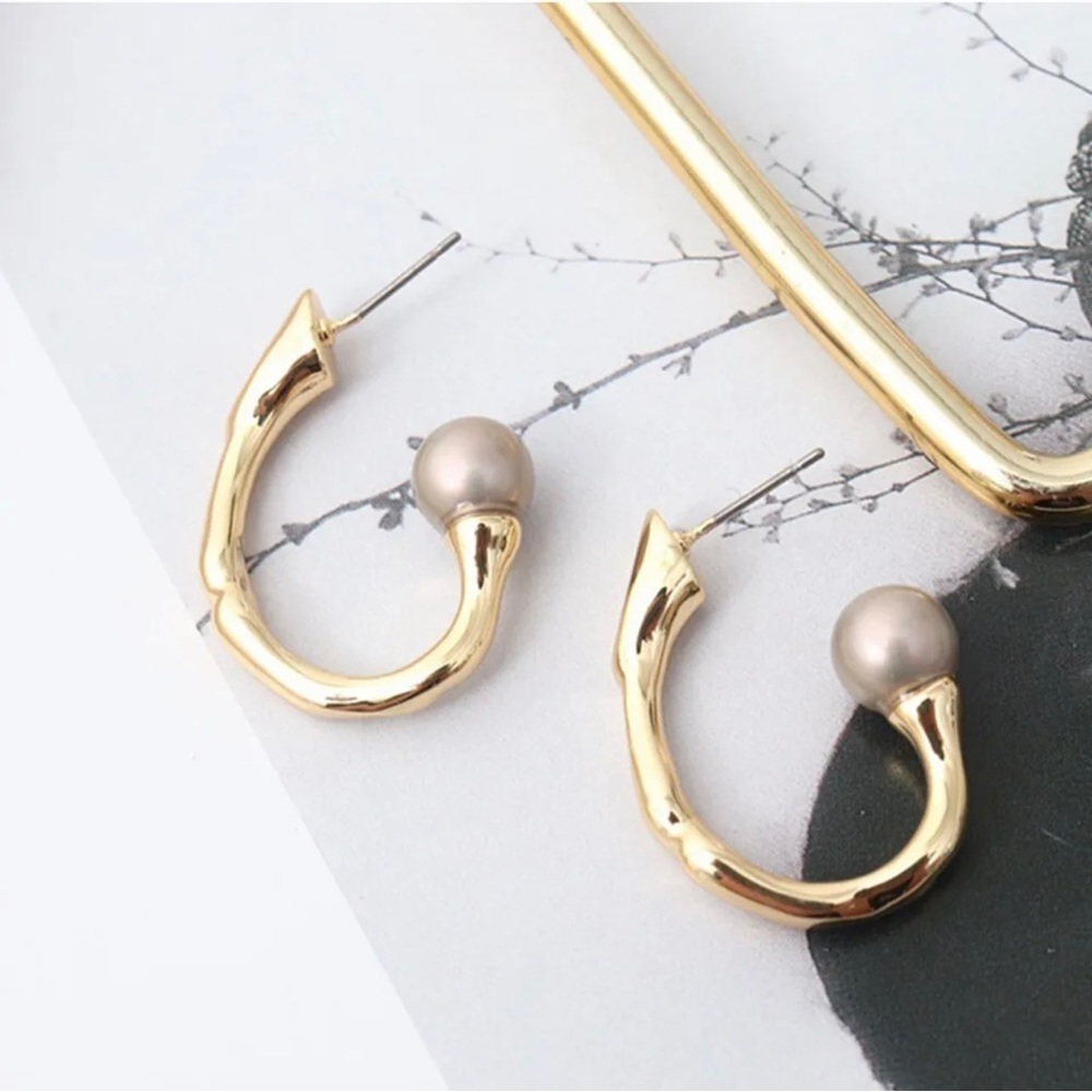 ALEXIS BITTAR Pearl Capped Twisted Gold Open Hoop Post Earrings - MSRP $195 - Picture 2 of 14
